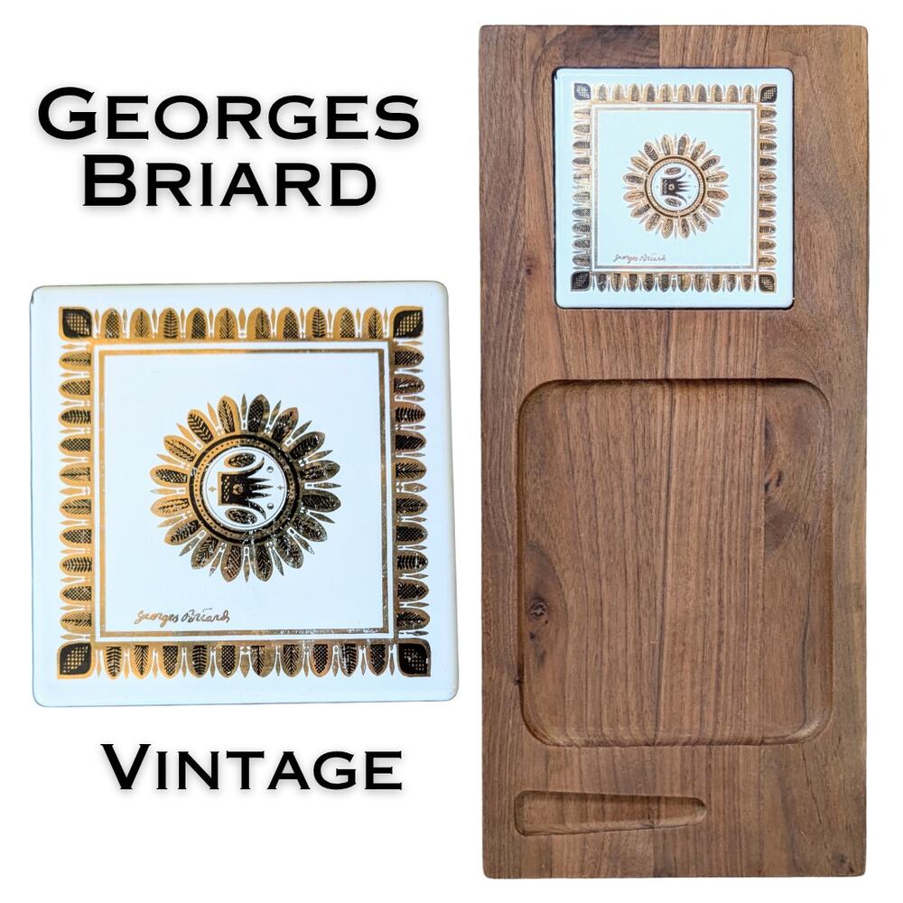 Vintage Georges Briard Wood & Ceramic Cheese Charcuterie Cutting Board 16"x7.25"